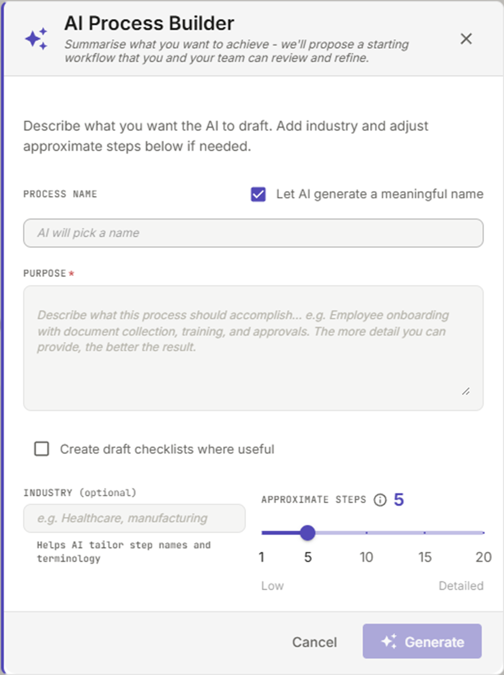 D2R AI Process Builder modal: process name, purpose description, step count, optional industry, and Generate action